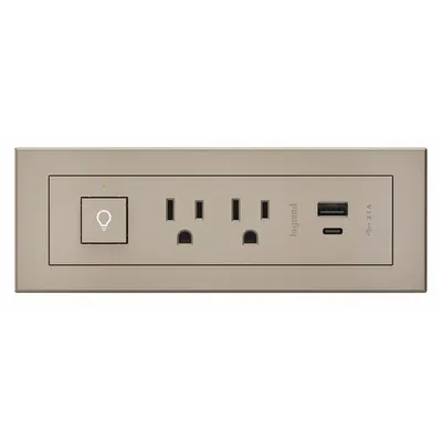 LEGRAND Furniture Power Outlet: 2 Outlets, 10 ft Cord Lg, Nickel, 5-15R, 7.13 in Wd - Furniture Power Strips