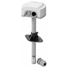 Duct-mount humidity sensor with plastic housing and adjustable probe. Measures relative humidity from 30 to 70% with ±5% full scale accuracy. Outputs 0 to 10V DC signal via screw terminals. Compatible with MP-Bus building automation protocols for integration into HVAC control systems.