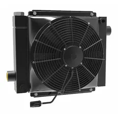 DC motor driven forced air oil cooler for hydraulic and lubrication oil systems. Rated for 36 hp heat removal, maximum flow 80 gpm, maximum pressure 377 psi. Operates on 12V DC with IP 68 enclosure and SAE #20 connections.