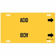 Yellow strap-on pipe marker with black legend 'Acid' and directional arrows. Fits pipe outer diameters of 10 to 15 inches. Used to identify piping carrying acid in industrial facilities, supporting clear content and flow direction indication.
