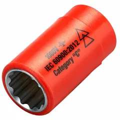 This insulated hand socket features a 1/2" drive and 11/16 in socket size with a 12-point configuration. Overall length is 2 in. Designed for use in electrical applications where protection against accidental contact with live circuits is required.
