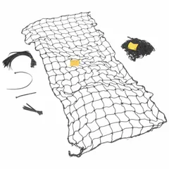 Black nylon pallet rack netting, 123 inches by 96 inches, used to contain items on pallet racks and prevent falls in warehouses. Includes nylon zip ties for installation.