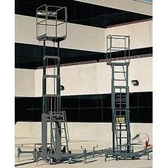 Battery-powered push-around telescoping vertical lift with a 28 in x 36 in platform and 23.7 ft elevated platform height. Includes batteries. Suitable for indoor maintenance, installation, and warehousing tasks requiring elevated access.
