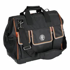 This polyester wide-mouth tool bag features 42 pockets for organizing hand tools, meters, and accessories. The black bag measures 17-1/2 inches wide by 10 inches deep by 16 inches high. Suitable for carrying tools on job sites, it provides accessible storage for daily tasks.