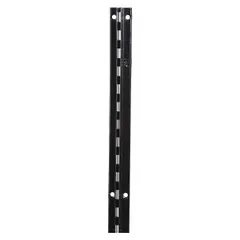 This heavy-duty steel slotted standard is designed for recessed-mount display systems. It features a black matte finish, 2-inch slot spacing, and 1-inch slot length. Measuring 13/16 in x 1/2 in x 10 ft, it uses a screw-in mounting type. Suitable for retail shelving and wall displays where a flush-mounted appearance is required.