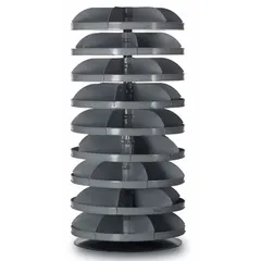 This revolving storage bin features 9 levels of flat-bottom shelves, each holding 6 bins for a total of 54 bins. The rotating design allows easy access to stored items from any side. Suitable for organizing small parts, hardware, and tools in workshops or warehouses.
