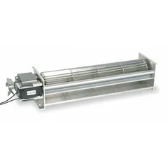 This direct-drive crossflow blower moves air in industrial equipment such as ovens, dryers, and HVAC systems. It delivers 19.1 cfm at 1/70 hp, powered by a 115V AC single-phase open dripproof motor. The wheel and housing are constructed from C45 carbon steel, with an open motor housing design.