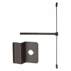 Rim-type exit device with touchbar style, bronze finish, and night latch outside trim. Designed for doors up to 4 ft wide. ADA compliant for accessible egress in commercial applications.