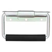 Steel folding pull handle with zinc-plated silver finish. Features unthreaded mounting holes for #10 screws and a 0.75-inch grip thickness. Non-recessed projection type. Suitable for industrial cabinets, panels, and machinery doors where a space-saving, folding grip is required