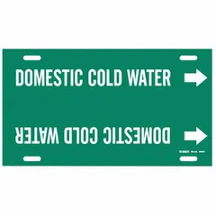 Green strap-on pipe marker with white legend reading 'Domestic Cold Water' and directional arrows. Fits pipe outer diameters of 10 to 15 inches. Used to identify domestic cold water lines in piping systems.