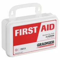 Portable plastic first aid kit with white housing, serving 25 people. Contains 106 components including (54) adhesive bandages, an eye pad, eyewash, and (12) aspirins. OSHA compliant for industrial settings to treat minor cuts, scrapes, and eye irritation