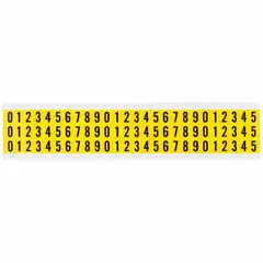 Die-cut Gothic black numbers 0 to 9 on a yellow background. For indoor, non-reflective use. Not self-spacing or aligning. Suitable for manual placement in industrial labeling applications such as marking equipment, bins, panels, and inventory locations.