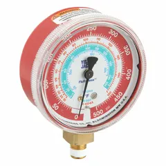Analog high side pressure gauge for R-404A systems. 2-1/2 in red dial, 0-500 psi range, non-liquid filled. Accuracy ± 3-2-3%. Includes NIST calibration certificate. Used to measure high-side pressure in commercial refrigeration and freezer systems.