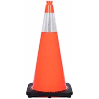 This 28-inch traffic cone is made of orange PVC with high-intensity prismatic reflective bands for enhanced visibility. It features a black base and a grip top for stability and easy handling. The cone is blank with no legend, suitable for general roadway use, traffic control, and hazard marking in construction zones, parking lots, and event management