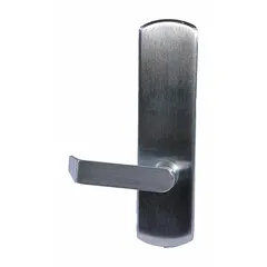 Mechanical exit device trim with lever handle for use as outside trim on exit push bars. Suitable for doors up to 48 inches wide. Chrome finish, silver color. ADA compliant for barrier-free operation.