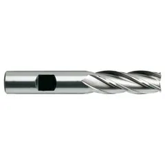 This general-purpose square end mill is made of high-speed steel with a TiN coating for reduced friction and extended tool life. It has 4 flutes, a 5/32" mill diameter, 7/16" length of cut, and 2-3/8" overall length. Suitable for milling slots, profiles, and contours in steel, cast iron, and non-ferrous materials in industrial manufacturing and maintenance applications.