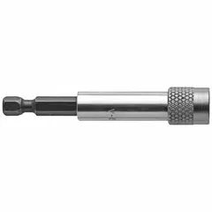 This power bit holder accepts 1/4 in hex-shank bits and features magnetic retention to keep bits secure during use. It is designed for power tool applications such as fastening and drilling in assembly, maintenance, and repair tasks. Not impact rated.