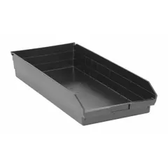 This shelf bin is made from 100% recycled plastic and measures 23-5/8 inches overall length by 11-1/8 inches wide by 4 inches high. It is nesting capable for space-efficient storage and is black in color. Dividers are not included, and the bin is not electrostatic discharge conductive. Commonly used for organizing small parts, components, or tools on industrial shelving in warehouses, workshops, and manufacturing facilities.