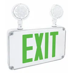 White plastic exit sign with two faces, green LED text, and universal field-selectable chevrons. Includes round top-mount emergency light heads. Operates on 120/277V AC with a 4.2 W LED lamp and nickel cadmium battery backup. Wall-mounted, not remote capable, no self-diagnostics.