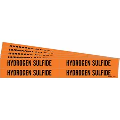 Orange adhesive pipe marker with black legend reading 'Hydrogen Sulfide'. Designed for pipes with outer diameter from 3/4 to 2-3/8 inches. Each pack contains 4 markers without directional arrows, sold in a 5-pack configuration. Used to identify pipes carrying hydrogen sulfide gas in industrial facilities.
