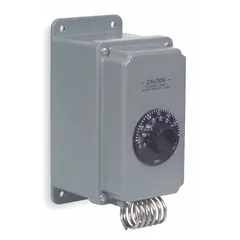 The QMARK WT12 is a weatherproof single-stage control with a plastic enclosure, designed for heat-only applications. It features a hydraulic air coil and a DPST, open on rise switch, with a 40° to 100°F temperature range and a 2.5°F differential. This line-voltage thermostat accepts 120 to 480V AC input, suitable for regulating heating equipment such as unit heaters or air handlers in industrial or commercial environments.
