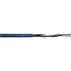 This continuous flexing control cable from the Chainflex CF9 series features 7 conductors of single copper wire with black and white numbering per DIN 47100. It includes a ground conductor, a TPR jacket, and is rated 300 V with oil and grease resistance. Minimum bend radius factors are 3 x OD for fixed, 4 x OD for flexible, and 5 x OD for e-chain applications. Suitable for use in cable carriers and automated machinery where repeated flexing occurs.