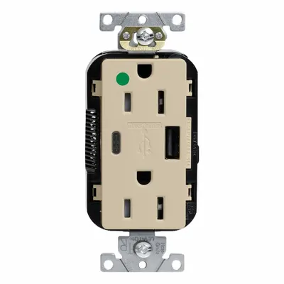 LEVITON Receptacle: Decorator Duplex, 5-20R, 2 USB Ports, USB Type A/C, White, 125V AC - Hospital-Grade Receptacles with USB Chargers