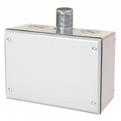 This power supply kit is designed for use with telephones in locations where moisture resistance is required. The gray plastic enclosure includes a mounting bracket for installation. Suitable for outdoor or damp environments where a water-resistant power source for communication equipment is needed.