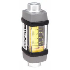 The HEDLAND H201A-020 is an inline variable area flowmeter with a scale display, designed for measuring flow rates of petroleum fluids. It features Viton seals and O-rings, universal mounting orientation, and NPTF connections. Accuracy is +/-7% of full scale, with flow indication in gallons. This unit does not include a pressure gauge or flow adjustment knob.