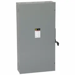 The SQUARE D D225N is a 400 A, single-phase, fusible safety switch rated for 240V AC. It is housed in a galvanized steel enclosure designed for indoor use. This switch provides a means to disconnect electrical power for maintenance or emergency shutdown in industrial and commercial electrical circuits.