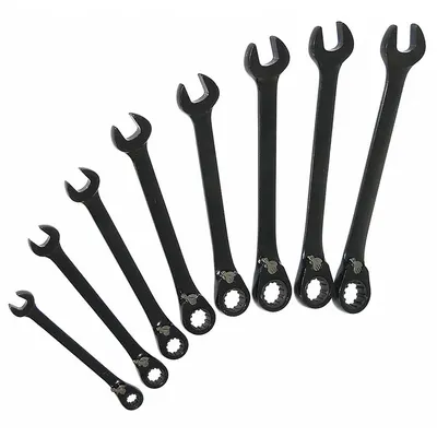 WESTWARD Combination Wrench Set: Alloy Steel, Black Chrome, 8 Tools, Offset, Reversing - SAE 12-Point Ratcheting Combination Wrench Sets