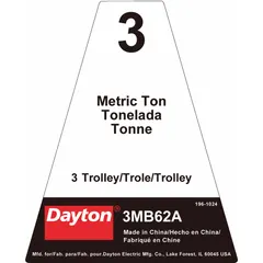 Replacement name plate for hoists, displaying identification and rating information. Compatible with manufacturer model number 3MB62. Used to ensure proper maintenance and compliance in industrial lifting applications.