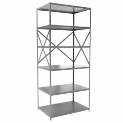 Medium-duty standalone open metal shelving unit with steel frame and steel shelves. Measures 36 inches by 24 inches with an overall height of 84 inches and includes six shelves. Unassembled, finished in gray. Suitable for organizing tools, parts, and inventory in warehouses, workshops, and industrial facilities.