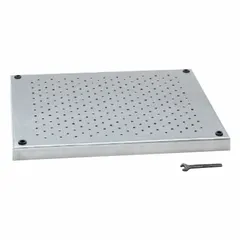 This perforated platform is a stainless steel attachment for lab shakers, compatible with the Unimax 2010 (model 036130200). It measures 16 inches overall length and width, and includes one aluminum base plate. Used for securing containers during mixing or shaking applications.