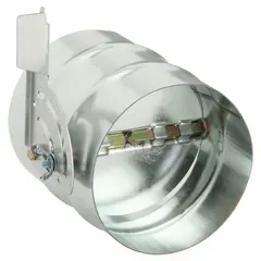 Round manual balancing damper for horizontal mounting in 6-inch ductwork. Constructed of steel with a locking manual quadrant to maintain set positions. Rated for maximum air velocity of 2000 fpm. Suitable for regulating airflow in HVAC ventilation systems.