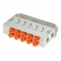 This SMC SYJ Series manifold is a 5-port side port bar manifold made of aluminum with an included exhaust port. It has a Coefficient of Volume (Cv) of 0.12. Used in pneumatic control systems to direct compressed air to actuators, cylinders, or other devices in automated machinery and industrial process control