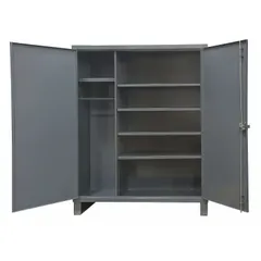 This industrial combination cabinet measures 36 x 24 x 78 inches and features a gray frame with five adjustable shelves: one shelf 18 x 19-5/16 inches and four shelves 20-7/8 x 15-9/16 inches. It includes a hanging rod and a swing handle with padlock hasp for secure storage. Suitable for organizing tools, parts, and equipment in warehouses, factories, and maintenance facilities.