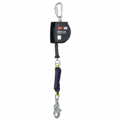 This DBI-SALA Nano-Lok mounted SRL features a stainless steel lifeline with a carabiner anchorage end connection and a harness swivel snap hook. It is RFID-equipped and rated ANSI Class 1 (2021) / Class B (2014) for overhead-only fall arrest applications in industrial settings.