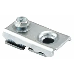 This bracket-type hanging door pivot is designed for light-duty closet doors. It measures 1 3/4 inches in height and supports doors weighing up to 40 lb. Suitable for residential or light commercial swinging door applications.