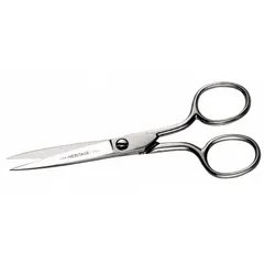 Right-hand all-metal scissors with straight, fine-point steel blade and silver finish. Overall length 4 1/2 inches. Suitable for precision cutting of fabric, textiles, and light materials in sewing, upholstery, and general workshop tasks.