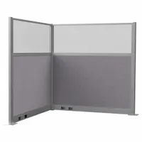 This modular cubicle wall system from VERSARE includes four fabric panels in Cloud Gray with a fluted window style. Overall dimensions are 72 inches in height and 72 inches in width. Suitable for creating partitioned workspaces in open-plan offices or other commercial environments