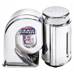 Air-powered low tone horn suitable for passenger vehicles. Operates on 12V DC, producing a 320 Hz tone with a maximum sound level of 124 dB. Finished in chrome-plated silver. Includes a 30 A relay for installation.