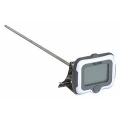 This stem thermometer features an LCD display and ±1 °C accuracy. It has a magnetic back for mounting on metal surfaces. Suitable for temperature monitoring in candy making, deep frying, and jelly preparation.