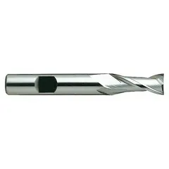 Cobalt steel square end mill with 2 flutes for efficient chip evacuation. Suitable for slotting, profiling, and contouring in ferrous and non-ferrous materials. Used in roughing and finishing operations in industrial machining.