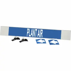 Blue fiberglass pipe marker with white legend text reading 'Plant Air' and directional arrows. Designed for pipes with an outer diameter of 8 inches and larger. Supplied with strapping for secure mounting. Used to identify plant air lines in industrial piping systems.