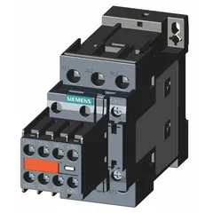 This Siemens SIRIUS 3RT safety contactor features 3 poles, a coil voltage of 120V AC, and a rated current of 32 A. It is designed for safely switching and isolating industrial motor loads and machinery, commonly used in emergency-stop circuits and safety interlocks. This model does not include integrated surge suppression.