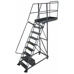 This unsupported cantilever ladder is constructed from steel with a gray finish and features double handrails and locking casters. It has a 7.5 ft platform height and is supplied unassembled. Typical applications include elevated maintenance, warehousing, and industrial tasks requiring a stable, mobile platform for accessing overhead storage or equipment.