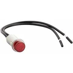 This incandescent indicator pilot light features a raised head for clear visibility and a 12 mm panel mounting hole diameter. It is equipped with 6 in wire leads for electrical connection. Typical applications include signaling equipment status on industrial control panels, machinery, and switchgear.