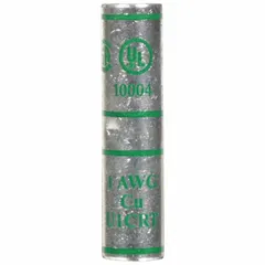 Copper barrel butt splice connector for joining 1 AWG copper wires. Green color code, die code 13455, 1.88 in length. Used in power distribution, control panels, and heavy equipment wiring for low-resistance connections.