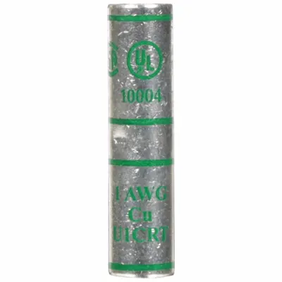 3M Open Barrel Splices: 1 AWG Wire Size, Green Code, 1.88 in, Copper Barrel - Crimped Butt Splice Compression Connectors